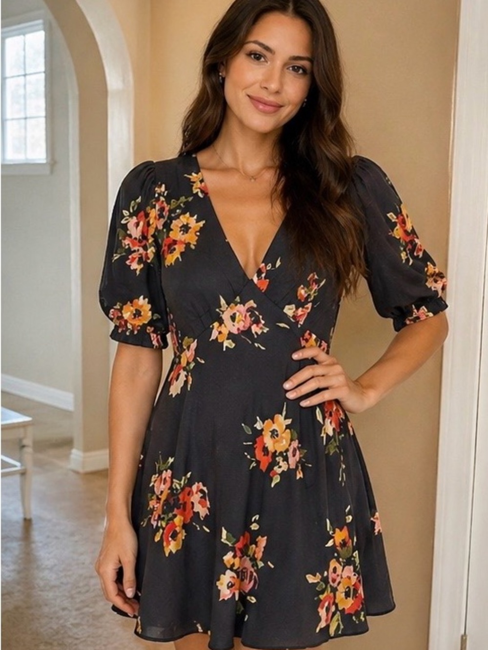 Free People Black Floral Dress Size 6 Boho Midi Puff Sleeve